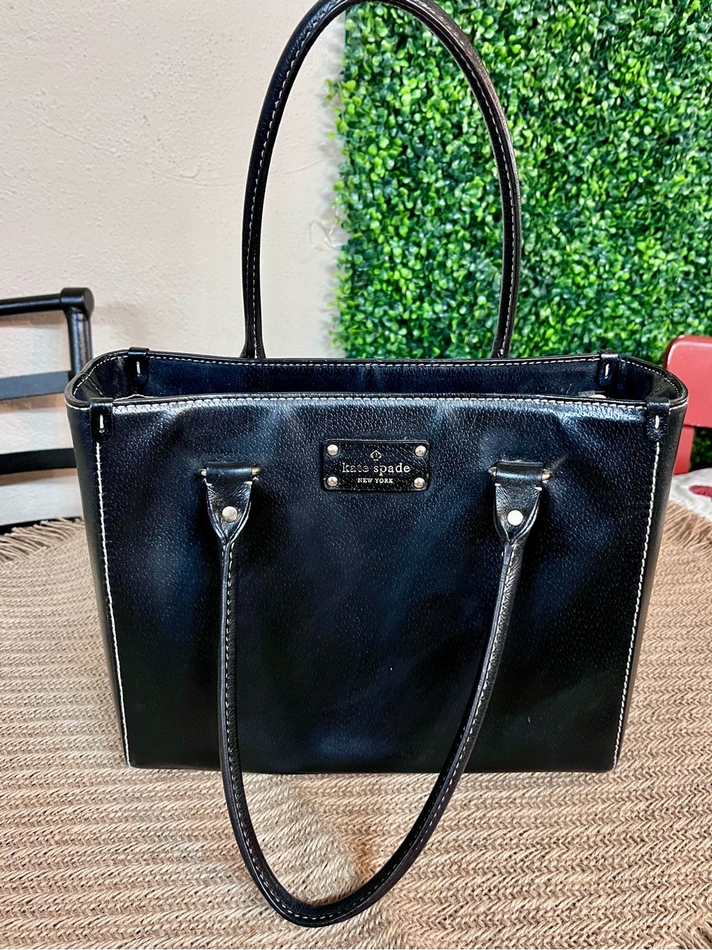 Kate Spade Black Leather Tote with Logo Plaque Med